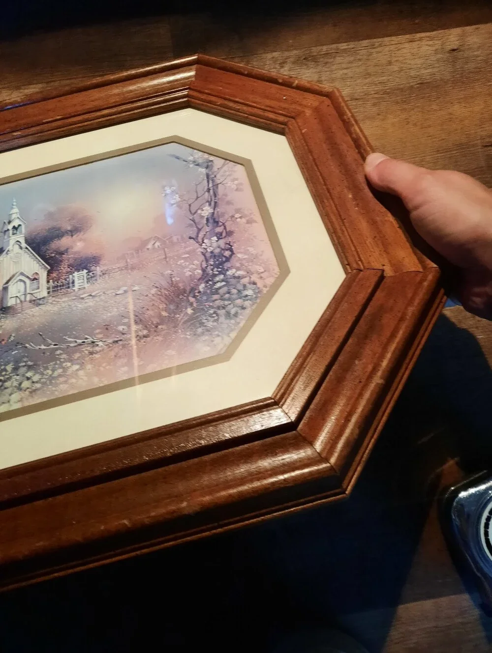 Vintage Framed Homeco Pastel Chapel Print in Brown Octagonal Frame